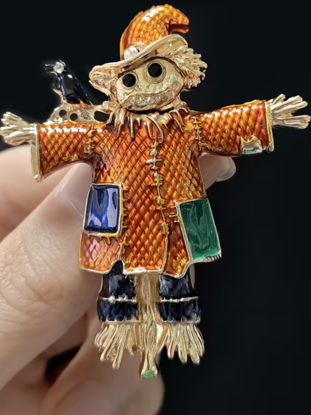 Golden Enamel Scarecrow Brooch Pin Pendant Quirky